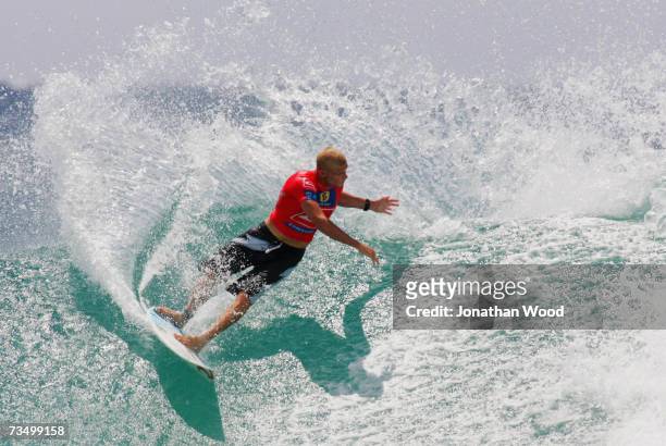 Mick Fanning of Australia in action during his heat against Jake Paterson in Round three of the Quiksilver Pro at Snapper Rocks on the Gold Coast on...