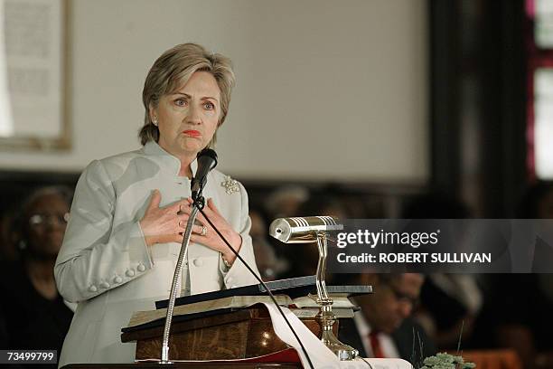 Democratic presidential hopeful Sen. Hiliary Clinton speaks 04 March 2007 during a service at the First Baptist Church in Selma, Alabama. Clinton...