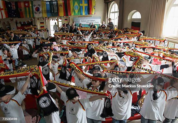 School children are seen during the DFB-campaign 'Schule und Fussball' at the Schlossberg school on March 6, 2007 in Lorrach-Haagen, Germany.