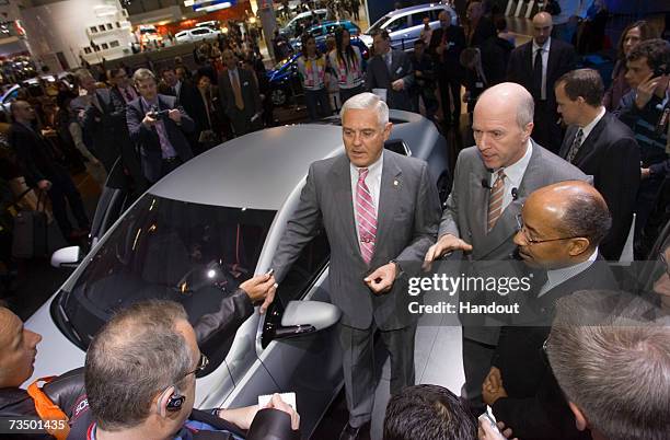 General Motors Vice Chairman Bob Lutz , GM Europe President Carl-Peter Forster and GM Vice President Global Design Ed Welburn talk with the media at...