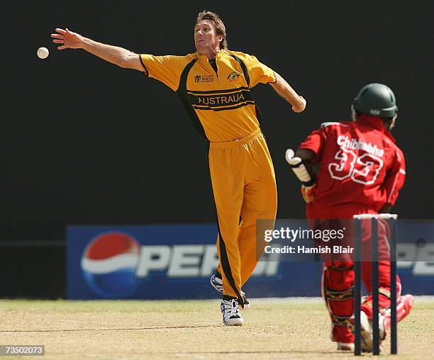 Glenn McGrath of Australia reaches unsuccessfully for a drive from Chamu Chibhabha of Zimbabwe during the Cricket World Cup 2007 Warm Up Match...