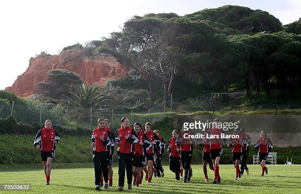 The players warm up during the German Womens National team training session on March 6, 2007 in Albufeira, Portugal.