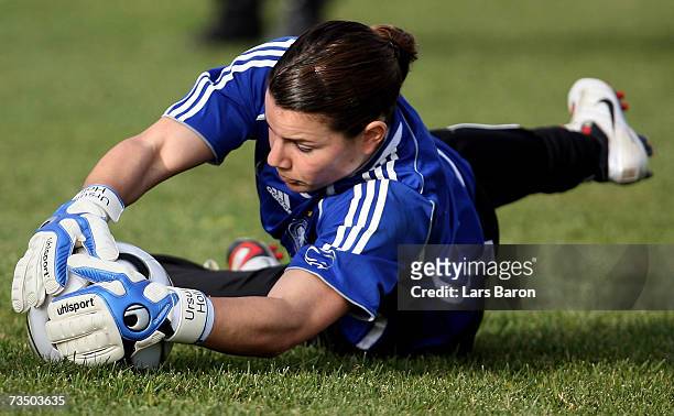 Goalkeeper Ursula Holl catches a ball during the German Womens National team training session on March 6, 2007 in Albufeira, Portugal.