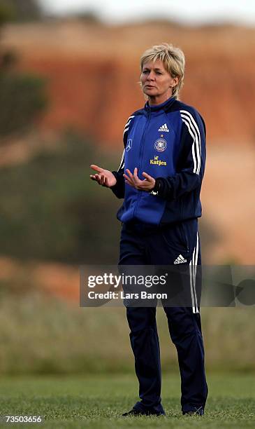 Coach Silvia gestures during the German Womens National team training session on March 6, 2007 in Albufeira, Portugal.