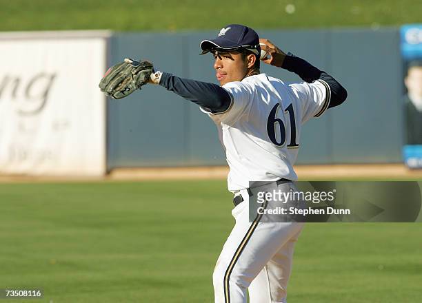 Hernan Iribarren of the Milwaukee Brewers fields the ball against the San Francisco Giants during Spring Training on March 3, 2007 at Maryvale...