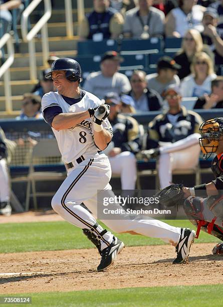 Vinny Rottino of the Milwaukee Brewers swings at the pitch against the San Francisco Giants during Spring Training on March 3, 2007 at Maryvale...