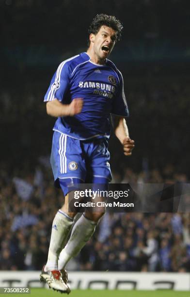 Michael Ballack of Chelsea celebrates scoring the second goal during the UEFA Champions League round of sixteen, second leg match between Chelsea and...