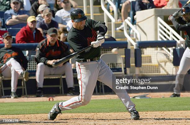 Rich Aurilia of the San Francisco Giants swings at the pitch against the Milwaukee Brewers during Spring Training on March 3, 2007 at Maryvale...