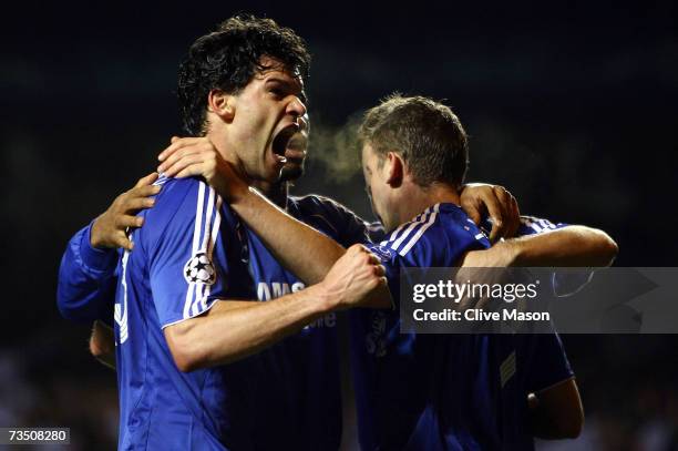 Michael Ballack of Chelsea celebrates scoring the second goal during the UEFA Champions League round of sixteen, second leg match between Chelsea and...