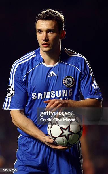 Andriy Shevchenko of Chelsea hold the ball during the UEFA Champions League round of sixteen, second leg match between Chelsea and FC Porto at...