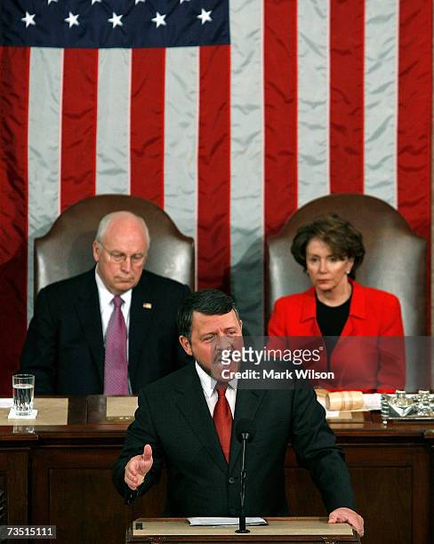 King Abdullah II of Jordan addresses a joint meeting of Congress with U.S. Vice President Dick Cheney and House Speaker Nancy Pelosi sitting behind,...