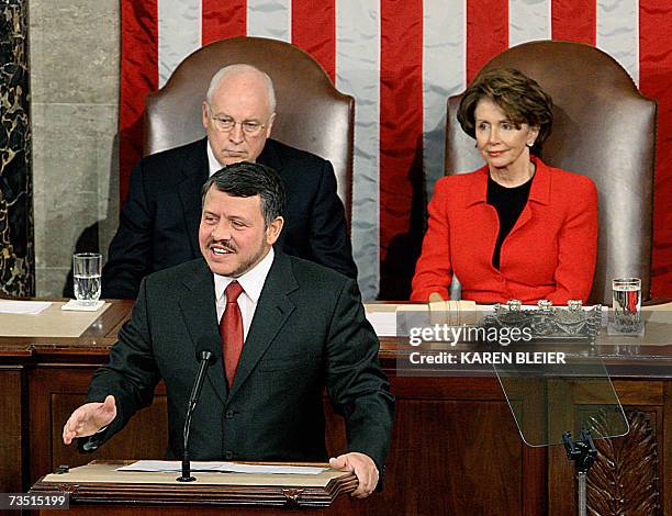 Washington, UNITED STATES: King Abdullah II of Jordan addresses a joint meeting of Congress with US Vice President Dick Cheney and House Speaker...