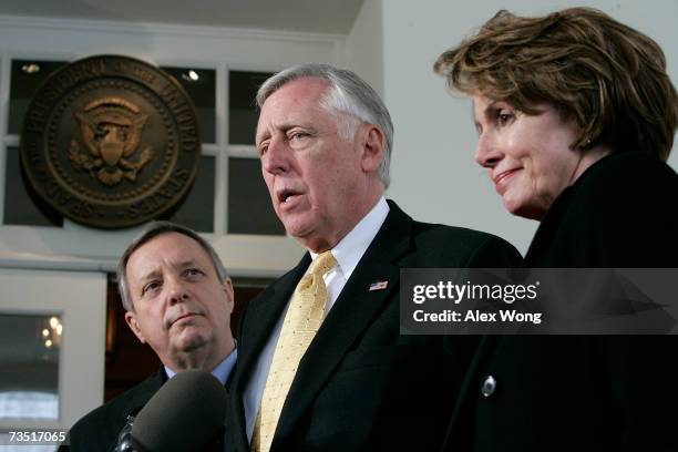 House Majority Leader Steny Hoyer speaks to the media as U.S. Speaker of the House Nancy Pelosi and Senate Majority Whip Dick Durbin look on after a...