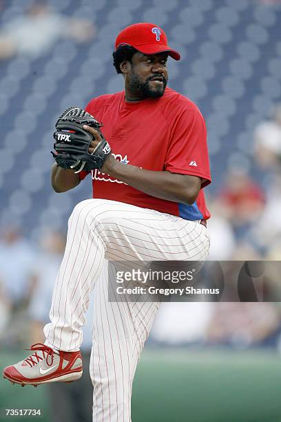 Antonio Alfonseca of the Philadelphia Phillies delivers the pitch against the Cleveland Indians during a Spring Training game at Bright House...