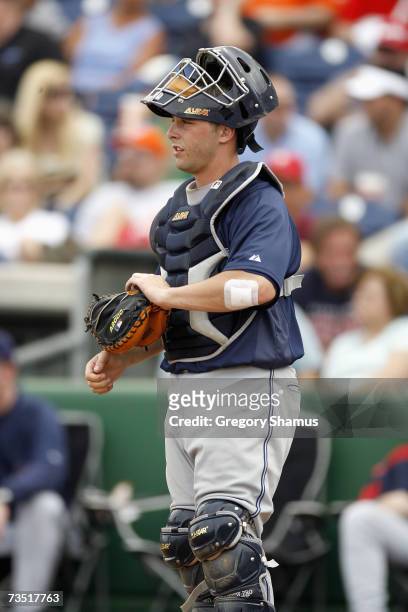 Catcher Wyatt Toregas of the Cleveland Indians looks to the field against the Philadelphia Phillies during a Spring Training game at Bright House...