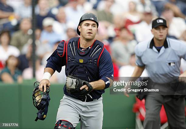 Catcher Kelly Shoppach of the Cleveland Indians moves for the ball against the Philadelphia Phillies during a Spring Training game at Bright House...