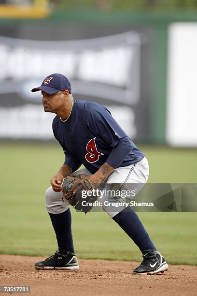 Luis Rivas of the Cleveland Indians gets ready to field against the Philadelphia Phillies during a Spring Training game at Bright House Networks...