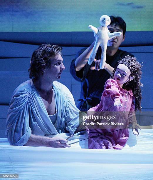 Actors and puppeteers perform during the photo call for the new stage production "Lulie The Iceberg" at the Sydney Theatre on March 8, 2007 in...