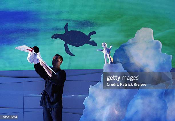 Actors and puppeteers perform during the photo call for the new stage production "Lulie The Iceberg" at the Sydney Theatre on March 8, 2007 in...