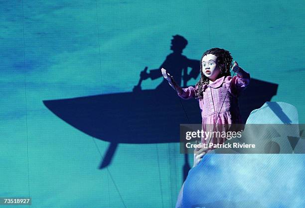 Puppeteers perform during the photo call for the new stage production "Lulie The Iceberg" at the Sydney Theatre on March 8, 2007 in Sydney,...