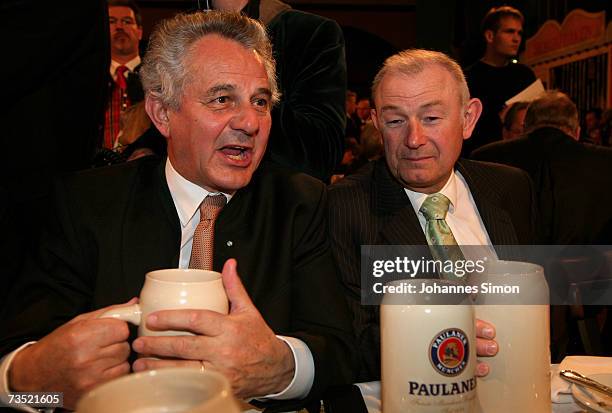 Bavaria's Interior Minister Guenther Beckstein and Bavaria fiance minister Kurt Faltlhauser drink beer at the Nockherberg beer hall on March 8 in...