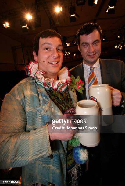 Markus Soeder, secretary general of the Christian Social Union poses with his comedian double Stephan Zinner at the Nockherberg beer hall on March 8...