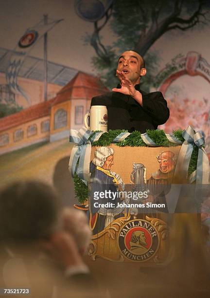 Comedian Django Asuel cracks jokes at the Nockherberg beer hall on March 8 in Munich, Germany. Traditionally politicians and celebrities sit in the...