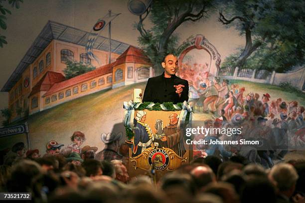 Comedian Django Asuel cracks jokes at the Nockherberg beer hall on March 8 in Munich, Germany. Traditionally politicians and celebrities sit in the...