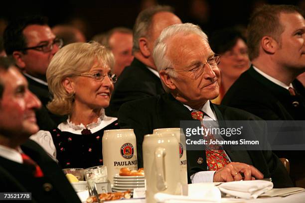 Edmund Stoiber and his wife Karin watcha sreenplay as strong beer season kicks off on Munich's Nockherberg on March 8 in Munich, Germany....