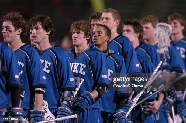 The Duke Blue Devils during the National Anthem before the game against the Maryland Terrapins on March 2, 2007 at Byrd Stadium in College Park,...