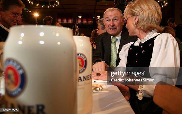 Bavaria's Interior Minister Guenther Beckstein and Bavaria's first Lady Karin Stoiber chat at the Nockherberg beer hall on March 8 in Munich,...