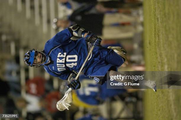 Matt Danowski of the Duke Blue Devils handles the ball against the Maryland Terrapins on March 2, 2007 at Byrd Stadium in College Park, Maryland.