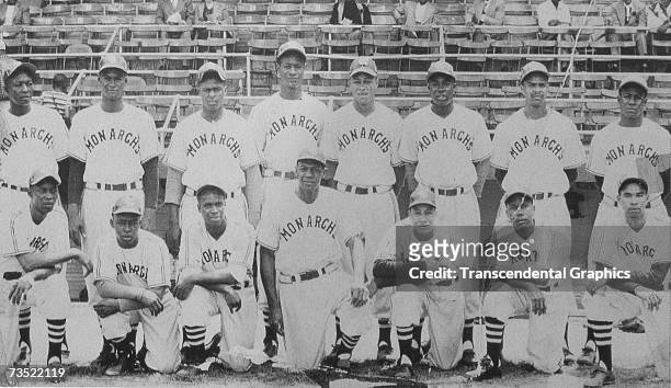 The Kansas City Monarchs of the Negro Leagues pose for a team portrait in 1948 at home in Muehlenbach Field. Buck O;Neill appears in the front row,...