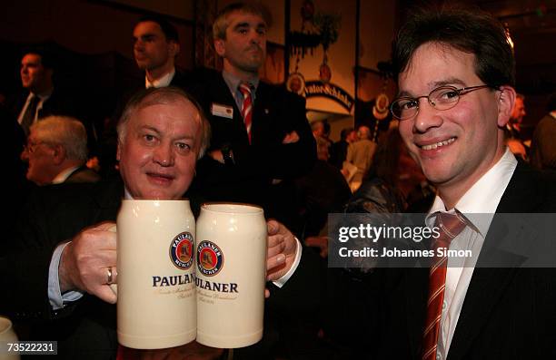 Ludwig Stiegler and Florian Pronold, politicians of Germany's Social democratic party drink beer as strong beer season kicks off at the Nockherberg...