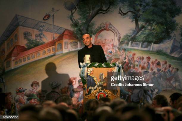 Comedian Django Asuel cracks jokes at the Nockherberg beer hall on March 8 in Munich, Germany. Traditionally politicians and celebrities sit in the...