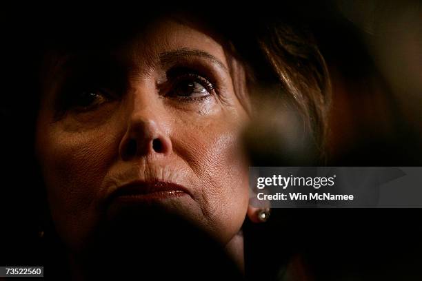 Speaker of the House Nancy Pelosi listens to colleagues speak during a news conference March 8, 2007 in Washington, DC. Democrats today unveiled...