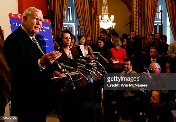 Rep. John Murtha speaks at a Capitol Hill press conference with Speaker of the House Nancy Pelosi March 8, 2007 in Washington, DC. Democrats today...
