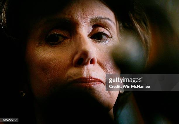 Speaker of the House Nancy Pelosi listens to colleagues speak during a news conference March 8, 2007 in Washington, DC. Democrats today unveiled...