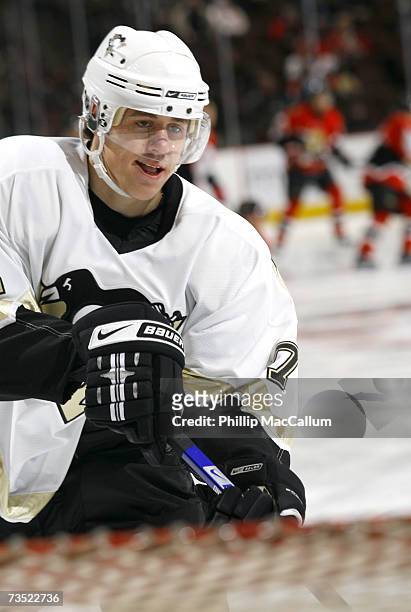 Evgeni Malkin of the Pittsburgh Penguins takes a shot in warmup before a game against the Ottawa Senators on March 6, 2007 at the Scotiabank Place in...
