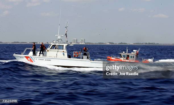 Coast Guard boats participate in the Homeland Security Task Force Southeast mass migration drill March 8, 2007 off the shore of Miami, Florida....