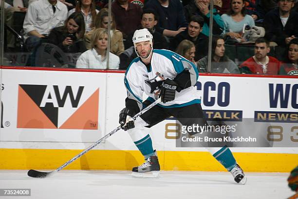 Bill Guerin of the San Jose Sharks skates against the Minnesota Wild during the game at Xcel Energy Center on March 6, 2007 in Saint Paul, Minnesota....