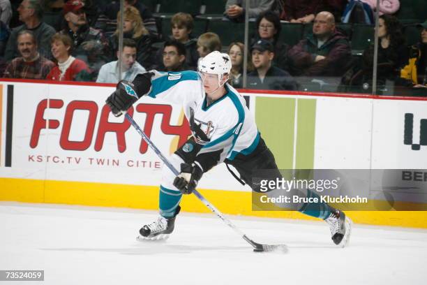 Christian Ehrhoff of the San Jose Sharks skates against the Minnesota Wild during the game at Xcel Energy Center on March 6, 2007 in Saint Paul,...