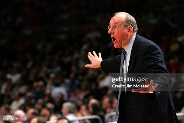 Head coach Jim Boeheim of the Syracuse Orange shouts from the sidelines against the Notre Dame Fighting Irish during the quarterfinals of the Big...