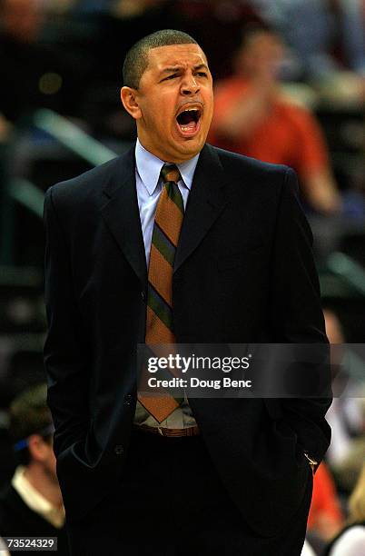 Head coach Jeff Capel of the Oklahoma Sooners instructs his team from the bench during a first round game against the Iowa State Cyclones in the...