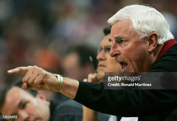 Head coach Bob Knight of the Texas Tech Red Raiders yells from the bench against the Colorado Buffaloes during the first round of the Phillips Big 12...