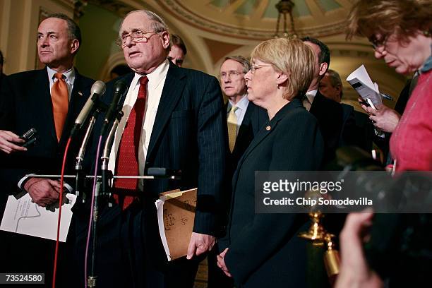 Sen. Charles Schumer , Senate Armed Services Committee Chairman Carl Levin , Senate Majority Leader Harry Reid and Sen. Patty Murray hold a news...