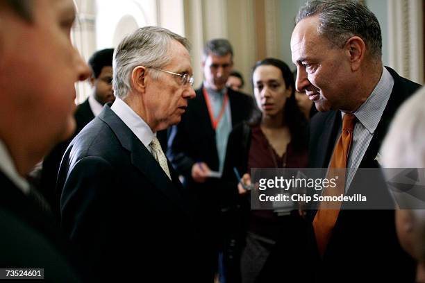 Senate Majority Leader Harry Reid and Sen. Charles Schumer speak after holding a news conference to announce the Reid Joint Resolution on the Iraq...