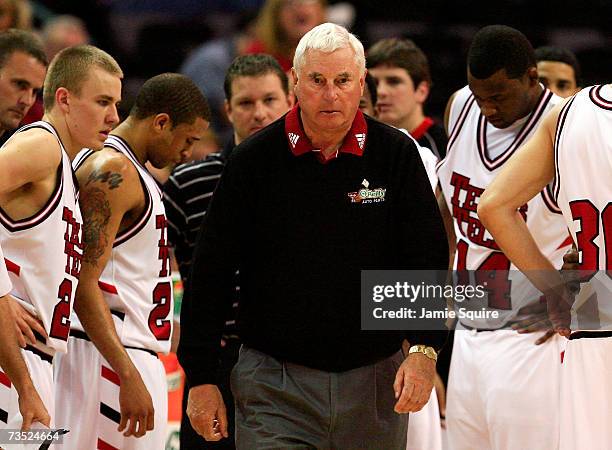 Head coach Bob Knight of the Texas Tech Red Raiders during a timeout against the Colorado Buffaloes in the first round of the Phillips 66 Big 12...