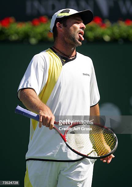 Stefano Galvani of Italy reacts to a lost point against Rainer Schuettler during the Pacific Life Open on March 8, 2007 at the Indian Wells Tennis...