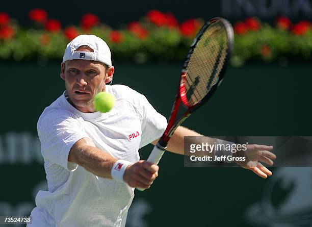 Rainer Schuettler of Germany lunges to return a backhand to Stefano Galvani during the Pacific Life Open on March 8, 2007 at the Indian Wells Tennis...